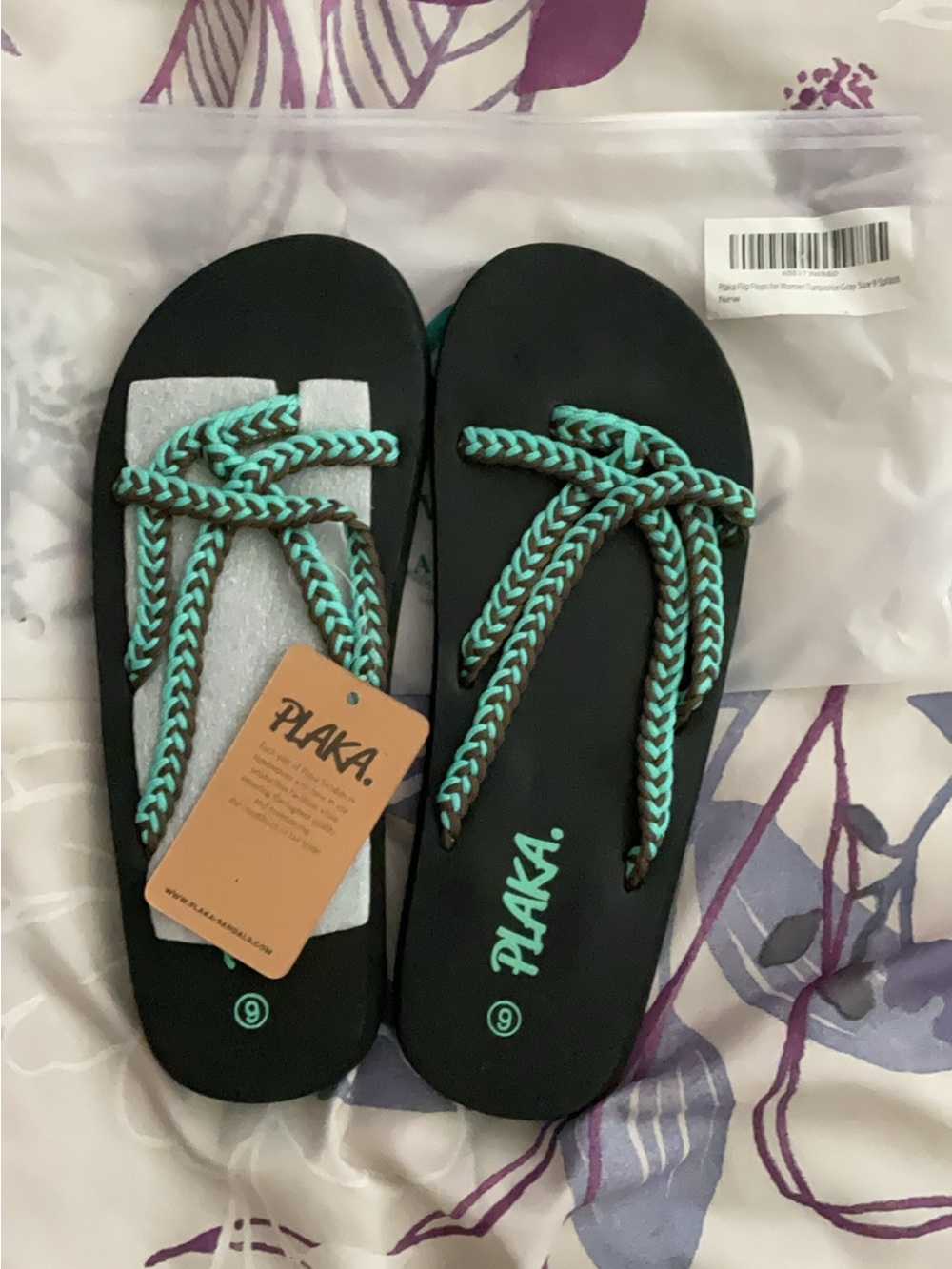 Plaka Women's Black Sandals with Teal Braided Straps